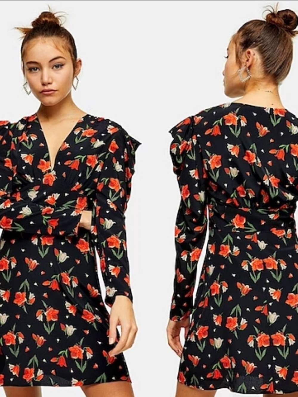 Topshop Black Mini Dress with Red Floral Print